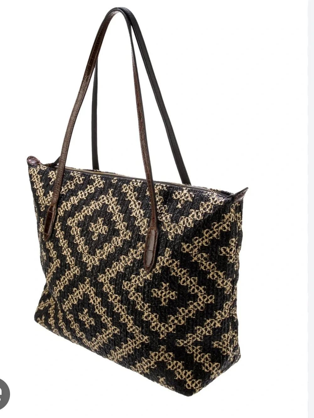 ERIC JAVITS Woven Black Tan Geometric Tote Bag NWT